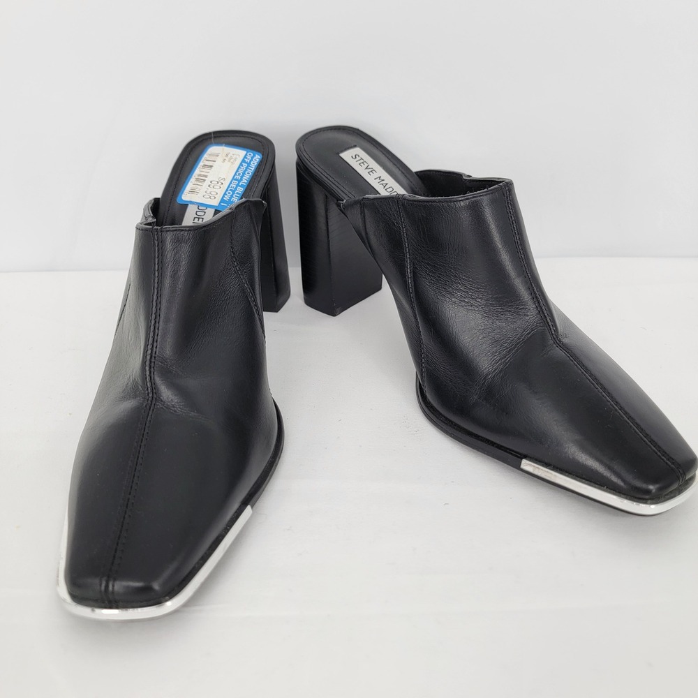 Steve Madden Womens Black Leather Square Toe Block Heel Mules Silver Tip 9.5